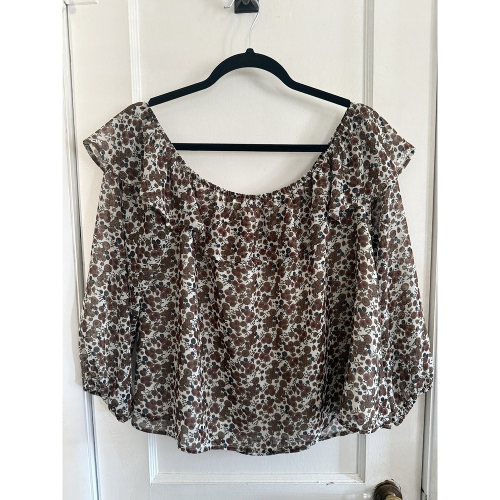 JOA Los Angeles Boho Tiered Ruffle Off Shoulder Blouse Size L Brown Floral Fall